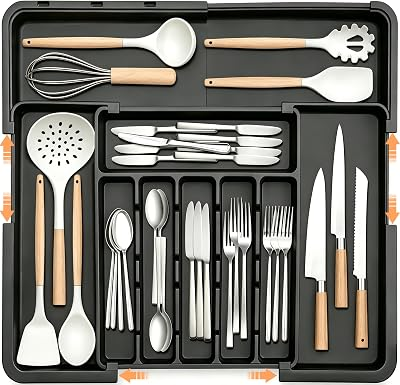 Spaclear Silverware Organizer Expandable Kitchen Utensil Drawer Organizer Large BPA Free Adjustable Cutlery Silverware Tray for Spoons Forks Knives Storage Divider for Kitchen Flatware 6-9 Slots Black