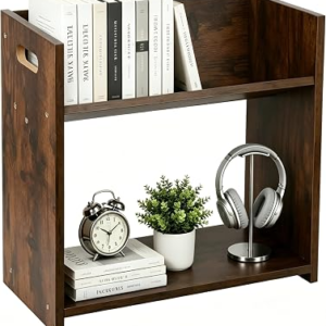 Desktop Bookshelf, 2 Tier Desk Shelf Organizer, Wood Office Tabletop Bookcase, Small Tabletop Book Rack, Portable Mini Bookcase for Book Display, Office, Home, Bedroom, Storage and Display