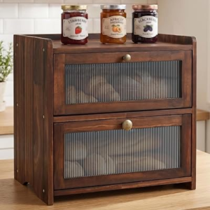 Bread Box for Kitchen Countertop, 2 Layer Wooden Breadbox with Acrylic Window, Large Capacity Bread Storage Container for Homemade Bread, Vintage Farmhouse Bread Holder, Brown