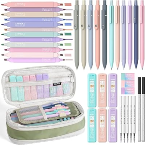 Nicpro Aesthetic School Supplies Stationary Set with Pen Case, 39 PCS Green | Back to Schoo Supplies, Pen Case with 12 Highlighter, 5 Gel Pen, 6 Mechanical Pencil, Essentials for College, Nursing Student
