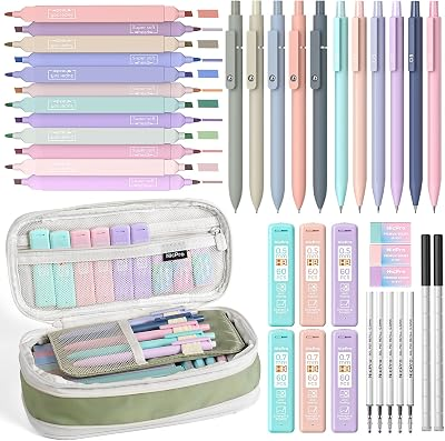 Nicpro Aesthetic School Supplies Stationary Set with Pen Case, 39 PCS Green | Back to Schoo Supplies, Pen Case with 12 Highlighter, 5 Gel Pen, 6 Mechanical Pencil, Essentials for College, Nursing Student