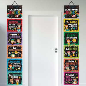 Decorably 12 Hanging Chalkboard Classroom Rules Elementary Poster Set
