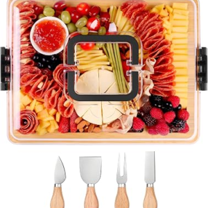 CAWIU Charcuterie Board with Lid and Handle – Portable Travel Design Bamboo Cheese Board Set with 4 Cheese Tools, Gift for Housewarming, Weddings, Picnics (8 Compartments, Black)