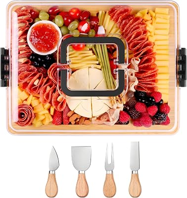 CAWIU Charcuterie Board with Lid and Handle - Portable Travel Design Bamboo Cheese Board Set with 4 Cheese Tools, Gift for Housewarming, Weddings, Picnics (8 Compartments, Black)