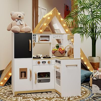 TaoHFE White Corner Play Kitchen with Lights,Kitchen Set for Kids Ages 3-8,White Kids Toy Kitchen Set with Pretend Play Accessories Playset for Kid