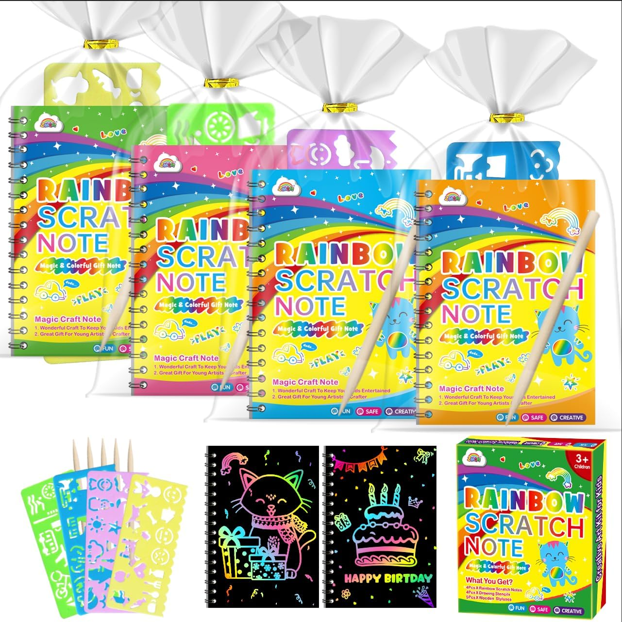 ZMLM 4 Pack Scratch Art Party Favors: Birthday Party Favors for Kids 4-8, Bulk Rainbow Scratch Notebook Paper Pads, Goodie Bags Stuffers Girls Boys Classroom Gifts Crafts Toys Easter Basket Stuffers