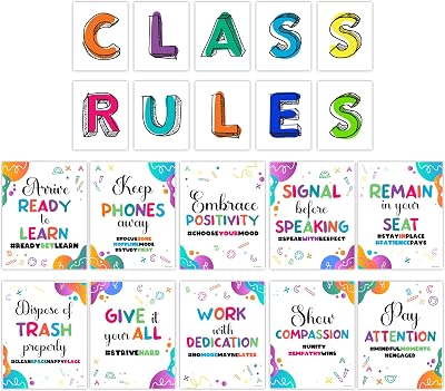 Decorably 20 Colorful Class Rules Poster for Classroom