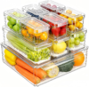 Pure Future 10-Pack Clear Fridge Organizer Containers with Lids, Stackable BPA-Free Refrigerator & Produce Storage Containers with Drain Tray & Anti-Slip Base for Fruits, Veggies & Drinks
