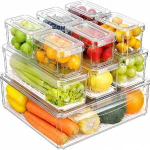 Pure Future 10-Pack Clear Fridge Organizer Containers with Lids, Stackable BPA-Free Refrigerator & Produce Storage Containers with Drain Tray & Anti-Slip Base for Fruits, Veggies & Drinks