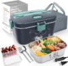 COZYEXPERT Electric-Lunch-Box-Heated-Food-Warmer 100W Heating Lunchbox for Adults 1.8L Portable Food Heater for Work/Car, 12V/24V/110-230V Lonchera Eléctrica Portátil with Fork Spoon (Gray+Green)