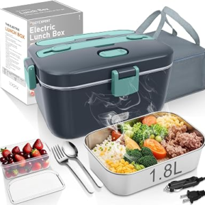 COZYEXPERT Electric-Lunch-Box-Heated-Food-Warmer 100W Heating Lunchbox for Adults 1.8L Portable Food Heater for Work/Car, 12V/24V/110-230V Lonchera Eléctrica Portátil with Fork Spoon (Gray+Green)