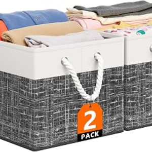 StorageTastic Storage Bin,Collapsible Storage Basket For Organizing,Large Storage Boxes With Rope Handles,Storage Containers,White & Black,2 Pack