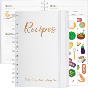 JUBTIC Recipe Book to Write in Your Own Recipes,7″ x 10″ Personal Blank Recipe Notebook, Sprial Leather Hardcover Recipe Journal with Page Number and 2 Colorful Stickers,Hold up to 120 Recipes – Pearl
