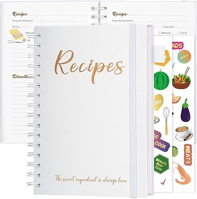 JUBTIC Recipe Book to Write in Your Own Recipes,7" x 10" Personal Blank Recipe Notebook, Sprial Leather Hardcover Recipe Journal with Page Number and 2 Colorful Stickers,Hold up to 120 Recipes - Pearl
