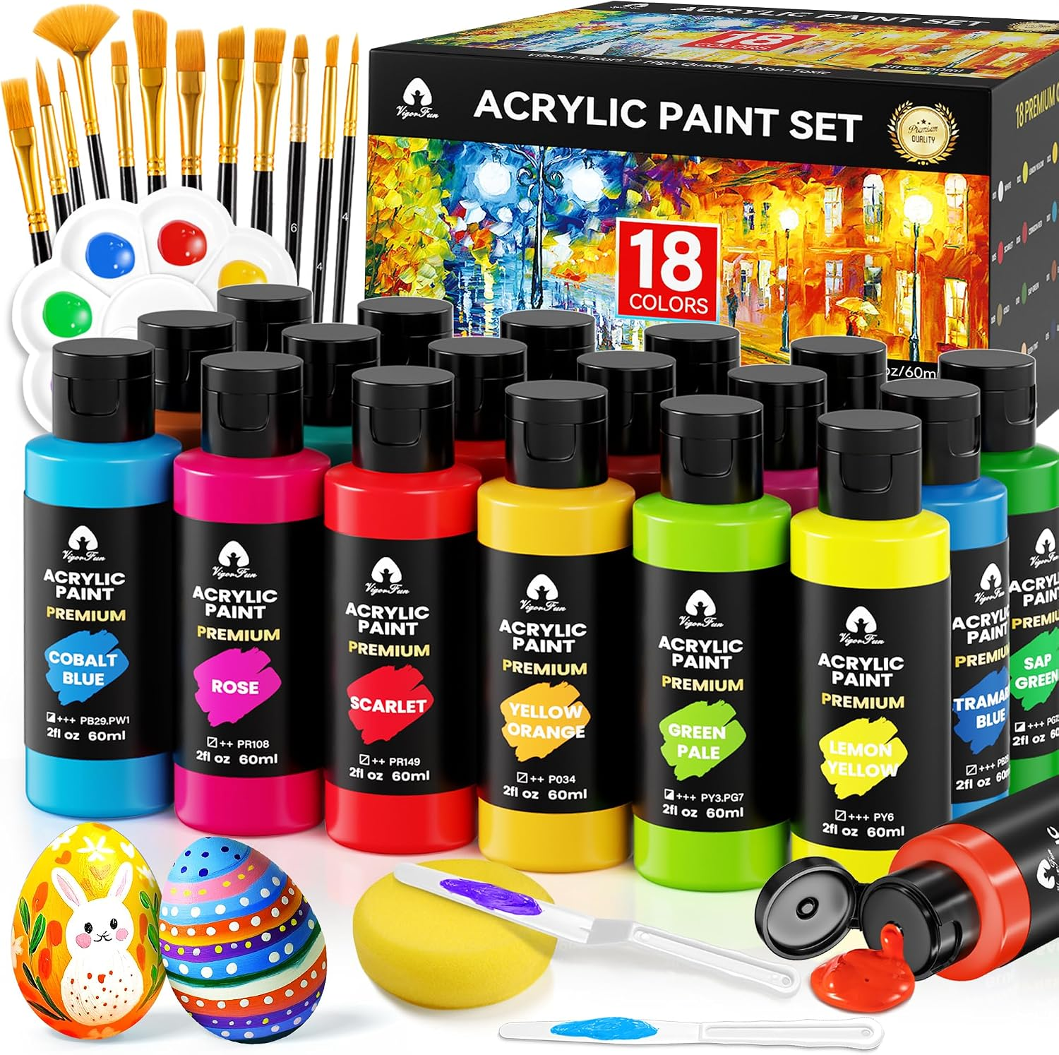 34 PCS Acrylic Paint Set with 12 Brushes, 2 Knives and Palette, 18 Colors (2oz/60ml) Art Craft Paints Gifts for Adults Artists Beginners, Halloween Pumpkin Painting Kit Art Supplies