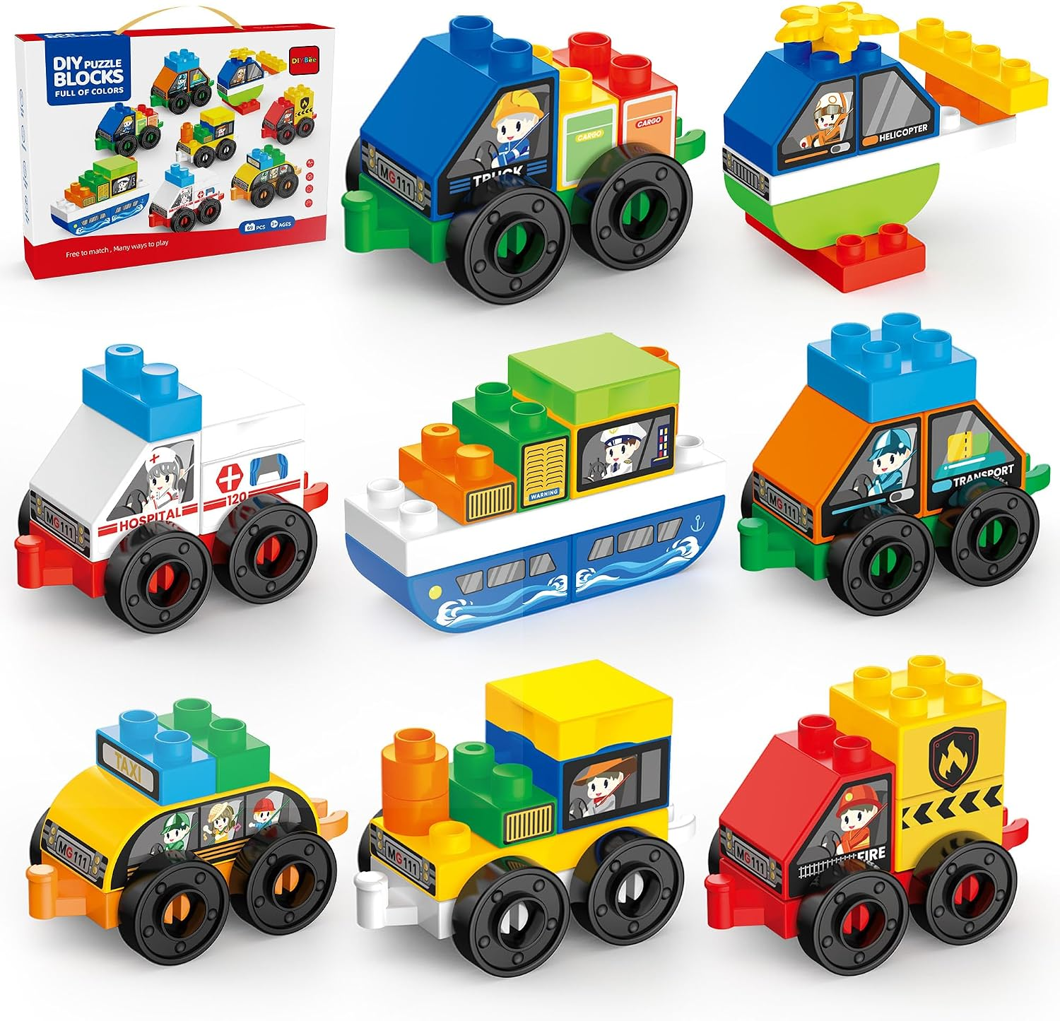 DIYBee Toddler Car Building Blocks STEM Toy, Build 8 Cars