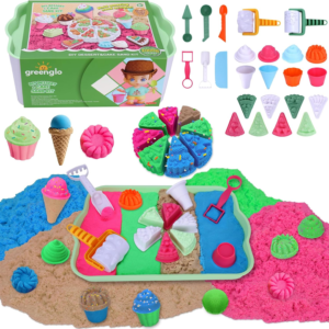 greenglo Kids Sensory Sand Playset – 2.2 LBS Colored Sand (1* Soft Magic, 3* Firm Modeling) with 23 Cake & Dessert Molds w Sensory Bin, Educational Sand Kit for Toddlers & Kids Ages 3-8
