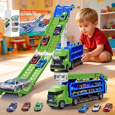 Race Track Truck Toy for Kids Age 3-5 - 4-in-1 Car Carrier Truck with 2 Foldable Race Tracks, Transport Vehicle Playset with 6 Die-Cast Cars, Gift Toys for Toddler Boys(Vivid Green)