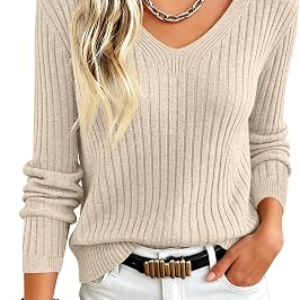 ANRABESS Long Sleeve V Neck Ribbed Sweaters