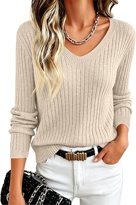 ANRABESS Long Sleeve V Neck Ribbed Sweaters