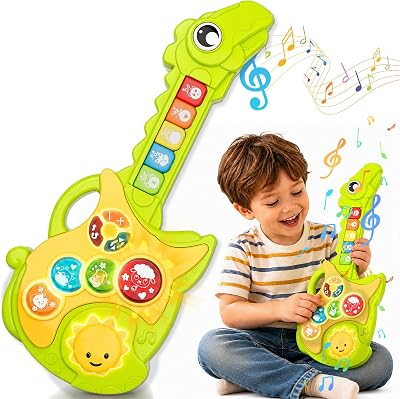 Toys for 1-3Year Old Boy Gift,2-in-1 Electric Guitars,12-18 Month with Spanish Animal Sound and Light Dinosaur Musical Guitar Piano Toys,Learning Educational Gift for Toddlers