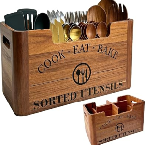 Upgraded Acacia Wood Kitchen Utensil Holder, Large Farmhouse Countertop Wooden Cooking Organizer with 3 DIY Storage Modes, Rustic Container for Counter, Island & Dining Room