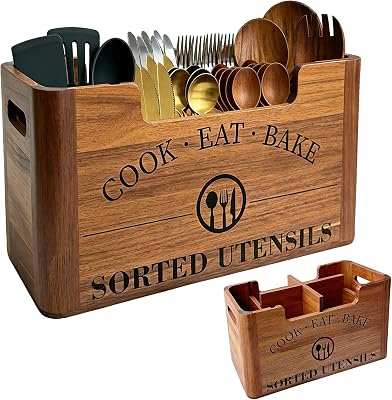 Upgraded Acacia Wood Kitchen Utensil Holder, Large Farmhouse Countertop Wooden Cooking Organizer with 3 DIY Storage Modes, Rustic Container for Counter, Island & Dining Room