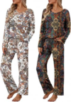 2 Pack: Women’s Long Sleeve Pajama Sets – V Neck Top and Pants Lounge sets