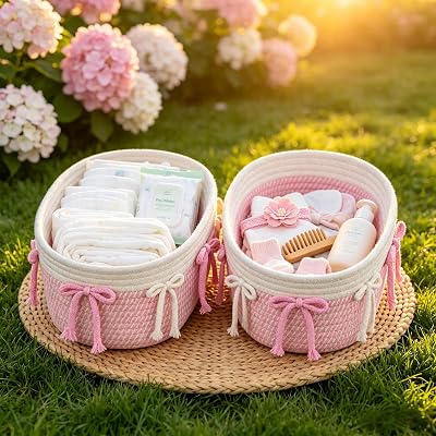 yuboo 2-Pack Pink Woven Cotton Rope Baskets with Bows - Cute Basket for Coquette Aesthetic Storage Bins - Decorative Pink Gift Basket, Bow Gift Set for Nursery, Bathroom, Dorm,Makeup