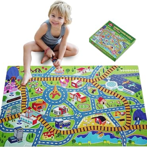 Beeqoo Jumbo Floor Puzzle for Kids Ages 3-5, Giant City Race Tracks Jigsaw Puzzles for Toddler 2-4 (60pcs 35.4×23.4 Inch Extra-Thick Cardboard), Educational Preschool Toy for 4-6 Year Old