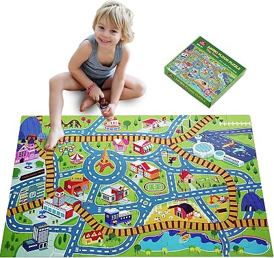 Beeqoo Jumbo Floor Puzzle for Kids Ages 3-5, Giant City Race Tracks Jigsaw Puzzles for Toddler 2-4 (60pcs 35.4x23.4 Inch Extra-Thick Cardboard), Educational Preschool Toy for 4-6 Year Old