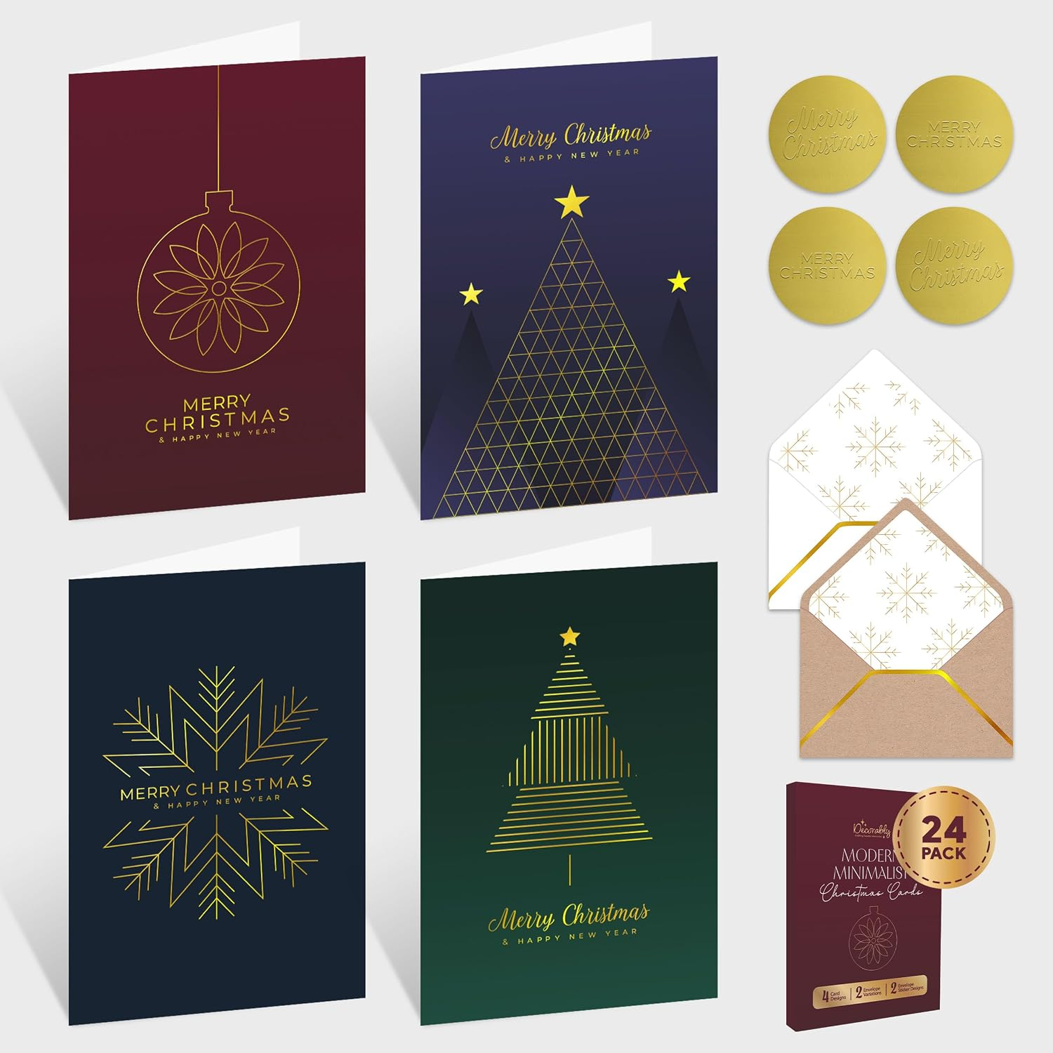 Decorably 24 Pack Gold Foil Embossed 4x6in Christmas Cards with Envelopes