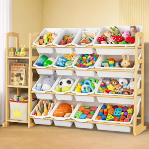 Kids Toy Storage Organizer with Bookshelf – Wooden Shelf with 16 Bins & 3 Shelves, Quick Assembly Storage Rack for Playroom, Bedroom, Nursery – White