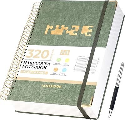 CAGIE Spiral Notebook Journal 8.5''x 11'' for Work, School | 320 Pages, College Ruled, 100 gsm Paper, A4 Large Journal, Spiral Bound Journals, Green