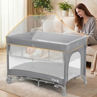 Dripex 5 in 1 Baby Bassinet, 2-Level Height Bedside Bassinet, Storage Pocket & Breathable Mesh - Foldable Portable Bedside Crib for 0 to 12 Months, Light Grey