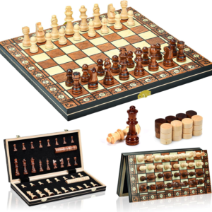 Aissom Magnetic Wooden Chess Set, 2 in 1 Chess Set, 15″ Chess Set with Storage and 2 Extra Queens, Foldable for Parties and Family Activities, Travel Chess for Kids, Adults (15″)
