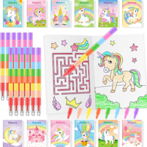 BenLouis 24 Unicorn Mini Coloring Books Kids with 24 Stacking Crayons Rainbow Party Favors Activity Books Bulk for Kids Unicorn Birthday Goodie Bag Gift Stuffer Classroom Reward
