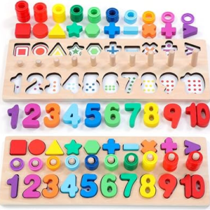 GeroCrew Wooden Montessori Toys for Kids Toddler Number Puzzles Sorter Counting Shape Stacker Stacking Game Preschool Toys for Boy Girl Learning Education Math Blocks Year Old Girl Gifts (Rainbow)