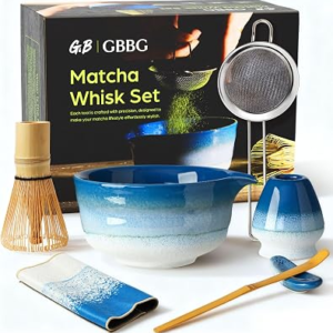 Matcha Whisk Set, Ceramic Matcha Kit Desert Style, Matcha Whisk and Bowl, Bamboo Scoop and Rest, Sifter and Tea Towel, 7 Pcs Gifts for Matcha Lover (Blue)