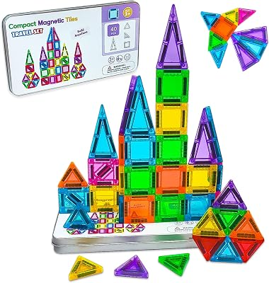 Mini Magnetic Tiles Set,40 Piece Travel Magnetic Toys for Toddlers | Travel Essentials,Toddler Plane,Road Trip And Restaurant Activities Toy for kids ages 4-8,Compact With Case