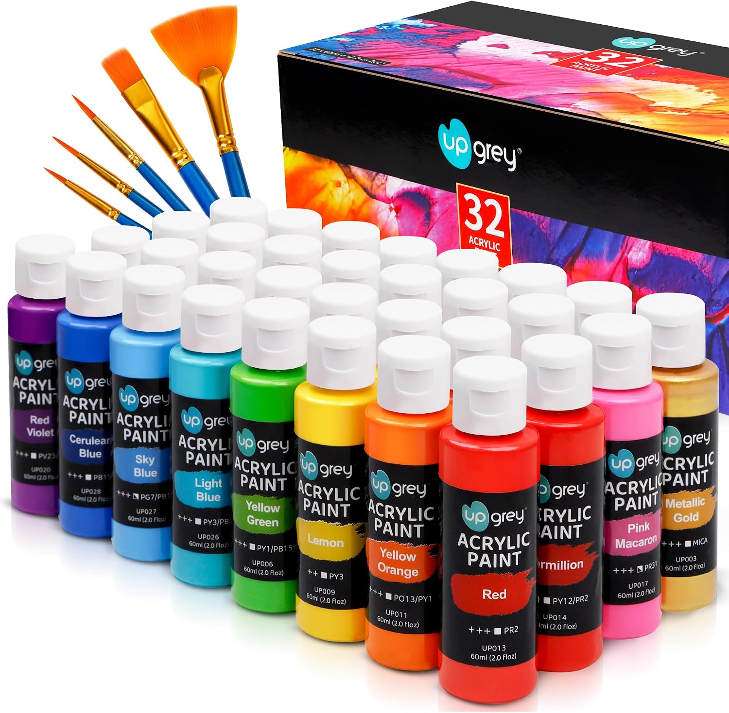 Acrylic Paint Set,32 Colors With 2oz Bottles and Paint Brushes