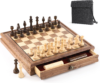 12.6 Inch Black Walnut Magnetic Chess Set with Drawer, 2-in-1 Wooden Chess & Checkers Board Game, 2 Extra Queens, 24 Checkers Pieces, Carrying Bag, Travel Chess Set