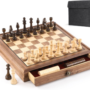12.6 Inch Black Walnut Magnetic Chess Set with Drawer, 2-in-1 Wooden Chess & Checkers Board Game, 2 Extra Queens, 24 Checkers Pieces, Carrying Bag, Travel Chess Set