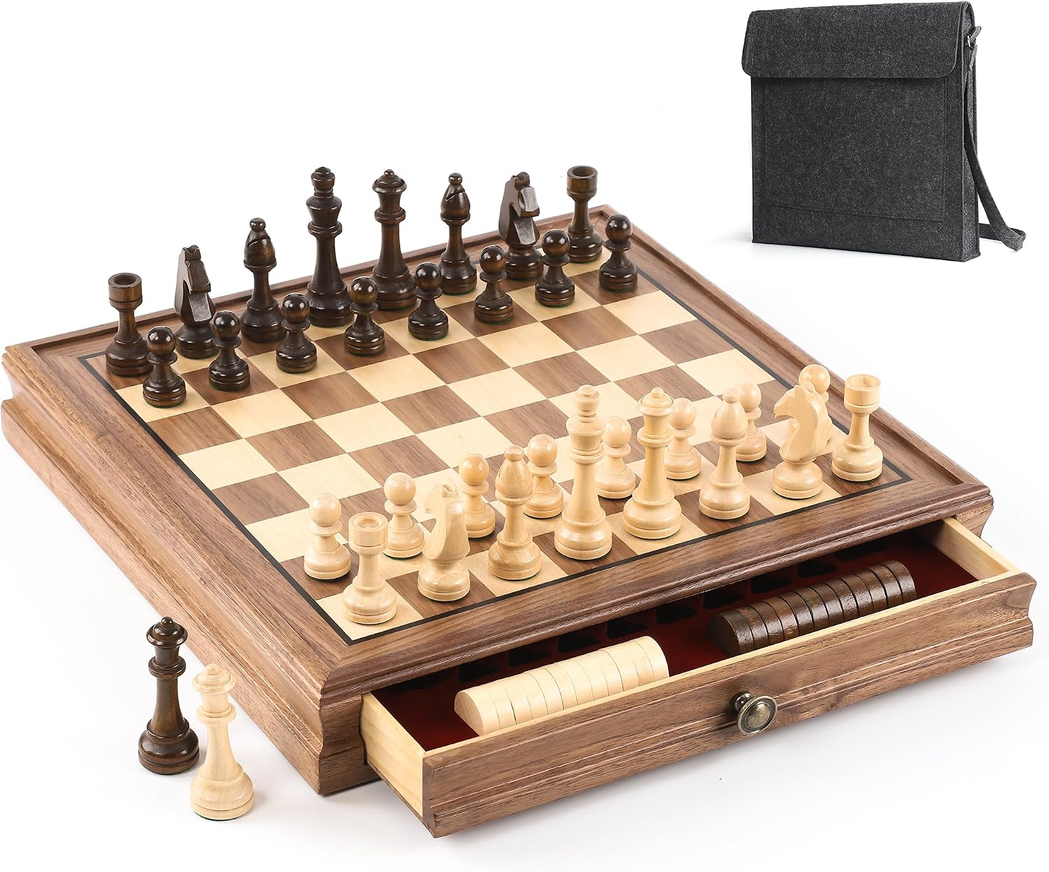 12.6 Inch Black Walnut Magnetic Chess Set with Drawer, 2-in-1 Wooden Chess & Checkers Board Game, 2 Extra Queens, 24 Checkers Pieces, Carrying Bag, Travel Chess Set