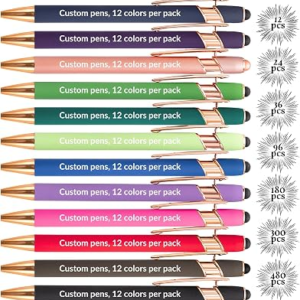 Up to 480 Pcs Personalized Pens in Bulk, Custom Metallic Printed Name with Black Ink, Customized Pens Bulk with Stylus-Great Gift Ideas(Gold 12 Colors)