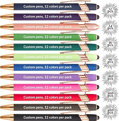 Up to 480 Pcs Personalized Pens in Bulk, Custom Metallic Printed Name with Black Ink, Customized Pens Bulk with Stylus-Great Gift Ideas(Gold 12 Colors)