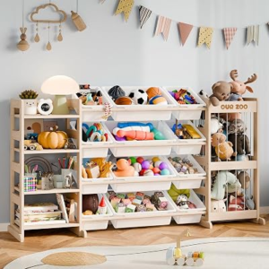 Large Kids Toy Storage Organizer – Toy Organizers and Storage with Stuffed Animal Storage, Solid Wood Toy Storage Shelf with 12 Plastic Bins, 4-Tier Bookshelf for Kids Room, Playroom, Bedroom, 59 inch