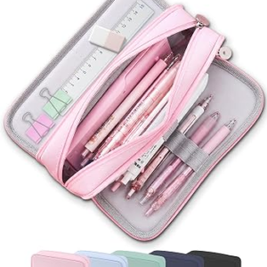 FAHZON Cute Pencil Case, 3 Large Compartments Pencil Pouch, Elastic Pen Slots&Mesh Pockets for Stationery, Pencil Bag for School Supplies with Zipper for Girls Boy Women Teens Adults-Pink