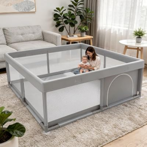 JINXIA 50×50 Inch Playpen for Babies and Toddlers, Soft & Skin-Safe Fabric | Sturdy Safety Activity Fence, Breathable Mesh Playard for Indoor Outdoor Activity Center, Light Grey