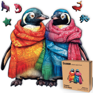 LEOGOR Wooden Puzzles for Adults, Extra-Thick 5 mm Wood Unique Penguin Puzzle 200 Pieces (12.8 × 11.4 in), Winter Mosaic Jigsaw with Odd Shaped Pieces, Colorful and Relaxing Gift for Adults and Teens